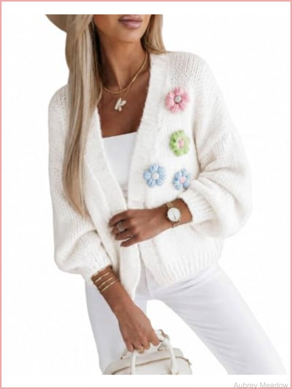CHICME Knit Cardigan 3D Floral Long Sleeve Sweater Open Front